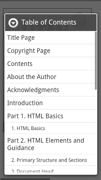 Aldiko Table of Contents on Android