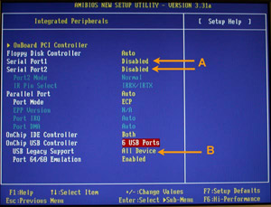 Figure 1. A typical system after the serial (COM) ports have been disabled (A) and USB Legacy mode has been enabled (B).
