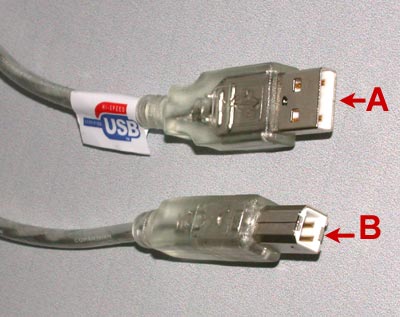 Figure 3. Both USB 1.1 and Hi-Speed USB cables for devices have an A-connector (top) and a B-connector (bottom). The A connector plugs into USB ports on add-on cards and systems, while the B connector plugs into external devices such as hubs and printers.