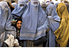A girl peers between poor Afghan women wearing burqas at a
World Food Programme distribution point in the city of Kabul, December 10,
2001.