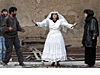 Afghan actors perform in a stage play at a damaged theater
in Kabul, January 2, 2002. Drama was banned during Taliban rule.
